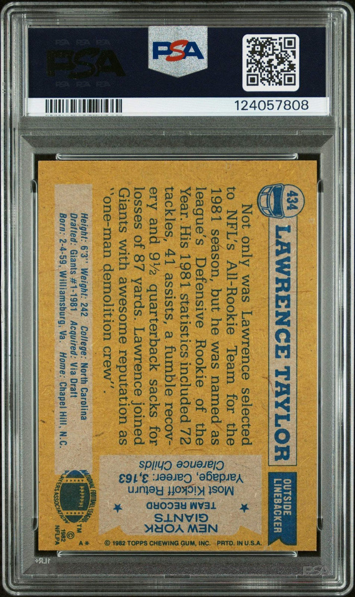 Graded 1982 Topps Lawrence Taylor #434 Rookie Signed Card PSA 6 Card Auto AUTH