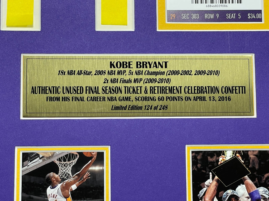 Kobe Bryant Final Lakers Game Used Confetti / Last Season Ticket Framed #D/248