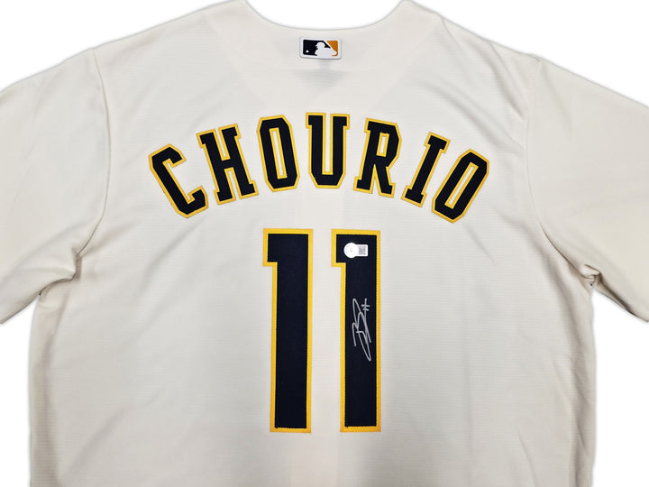 Milwaukee Brewers Jackson Chourio Signed Cream Nike Jersey Size XL Beckett