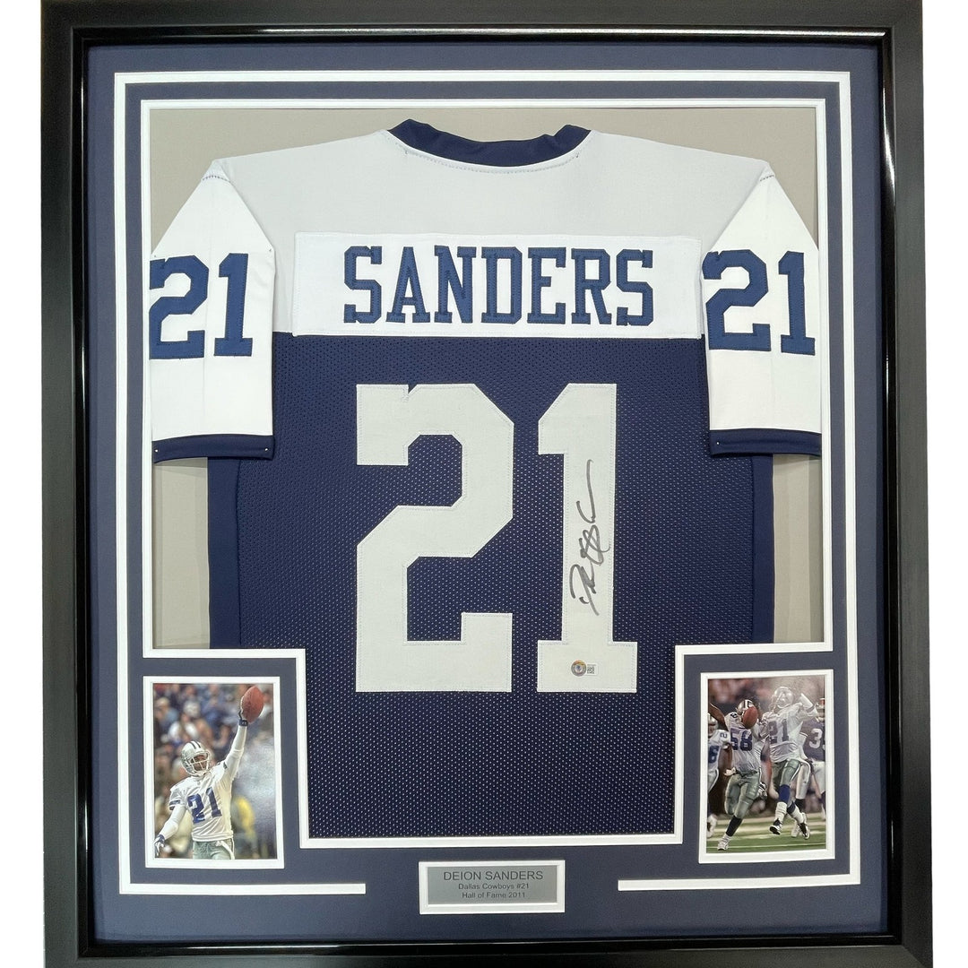 Framed Signed Deion Sanders 35x39 Dallas Thanksgiving Day Jersey BAS COA