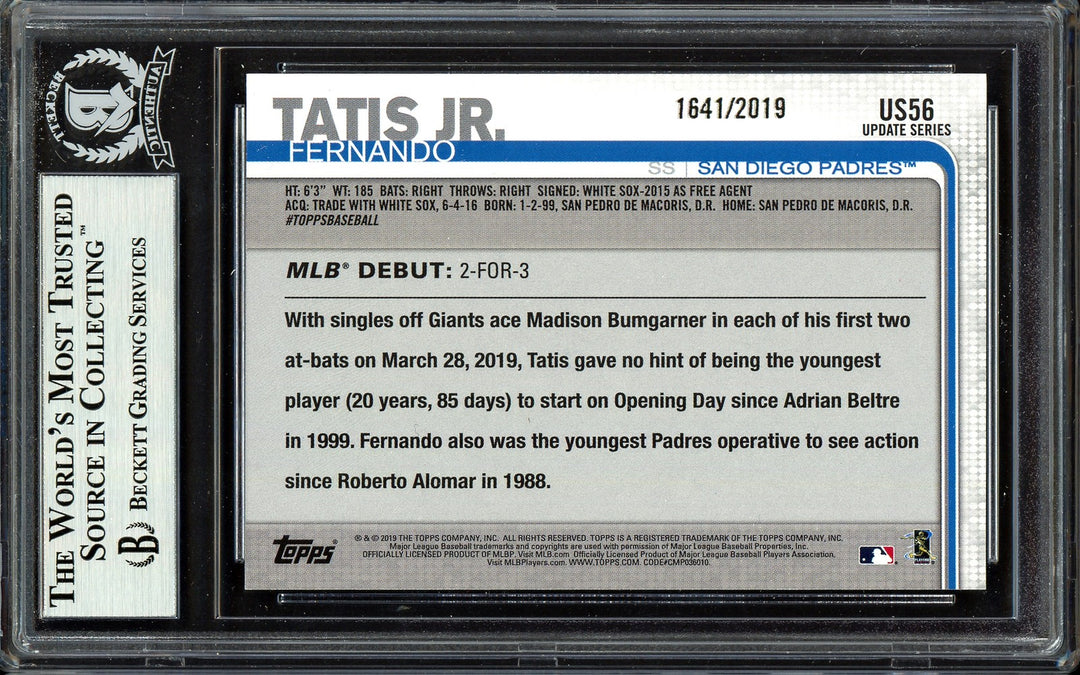 Fernando Tatis Jr. Auto 2019 Topps Update Gold RC US56 #1641/2019 Smudge Beckett