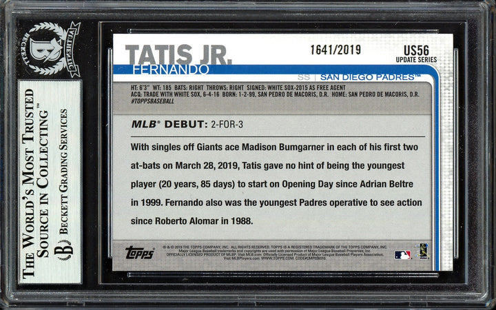 Fernando Tatis Jr. Auto 2019 Topps Update Gold RC US56 #1641/2019 Smudge Beckett