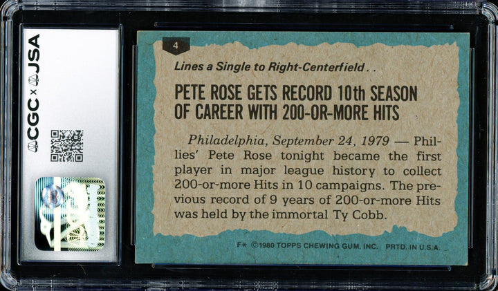 Pete Rose Signed 1980 Topps Card 4 Phillies Auto GM 10 CGC x JSA