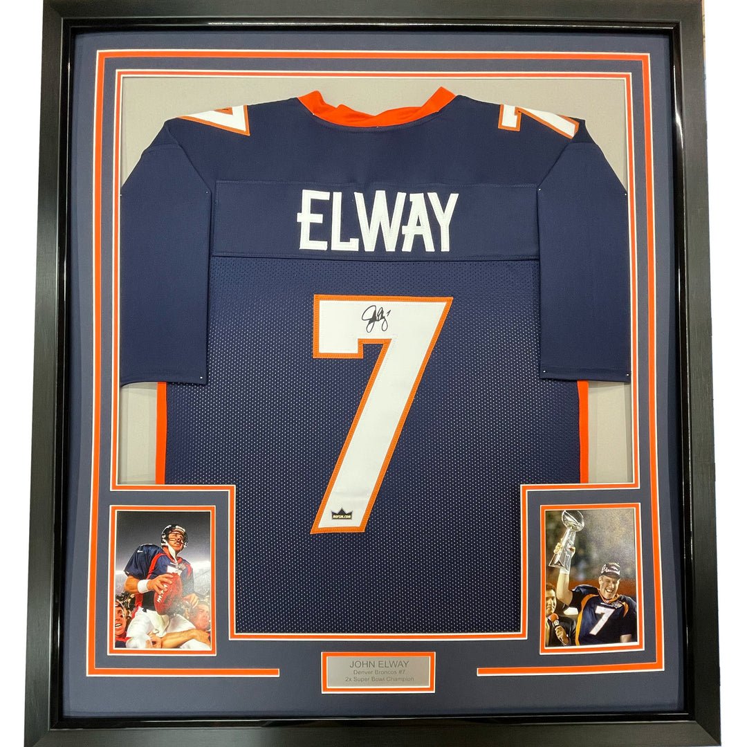 Framed Facsimile Autographed John Elway 33x42 Blue Reprint Laser Auto Jersey