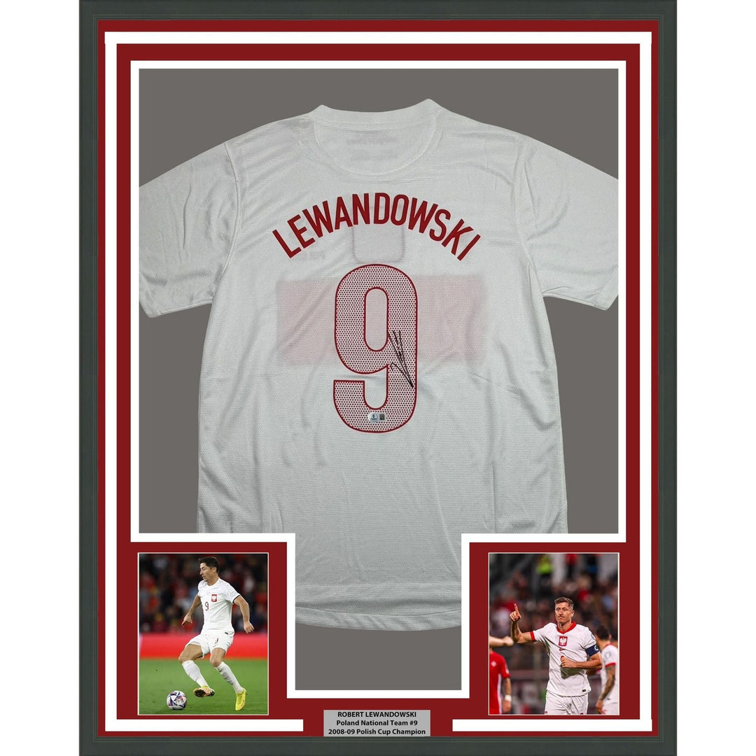 Framed Signed Robert Lewandowski 35x39 Poland White Jersey Beckett BAS COA