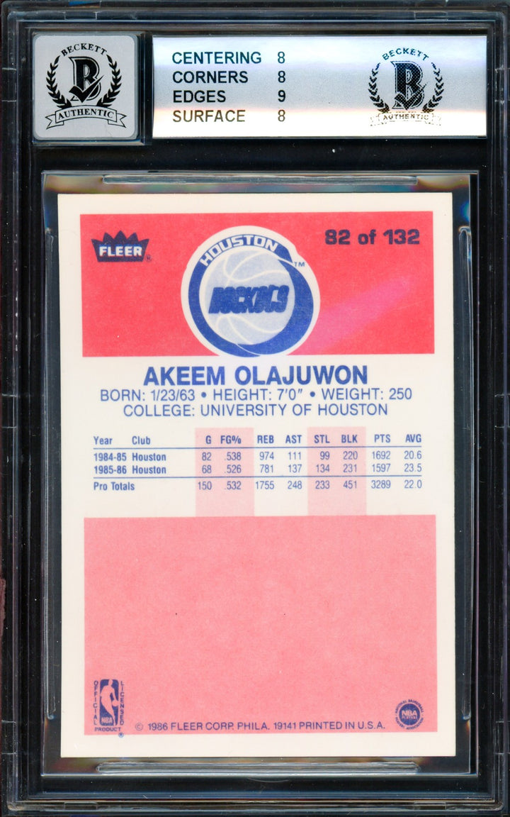 Hakeem Olajuwon Signed 1986-87 Fleer RC #82 Rockets BGS 8 Sig GM 10 Card Beckett