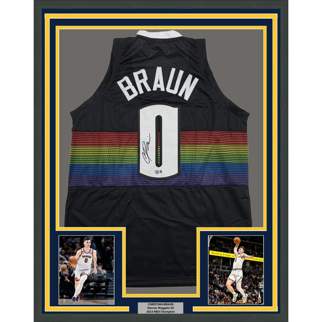 Framed Autographed/Signed Christian Braun 35x39 Denver Black Jersey BAS COA