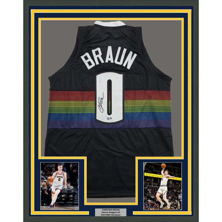 Framed Autographed/Signed Christian Braun 35x39 Denver Black Jersey BAS COA