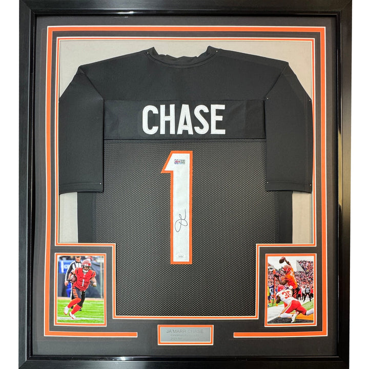 Framed Signed Ja'Marr Chase 35x39 Cincinnati Black Jersey JSA COA