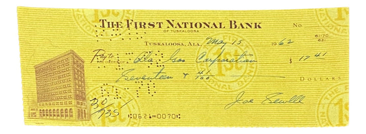 Joe Sewell Cleveland Signed May 15 1962  Bank Check BAS