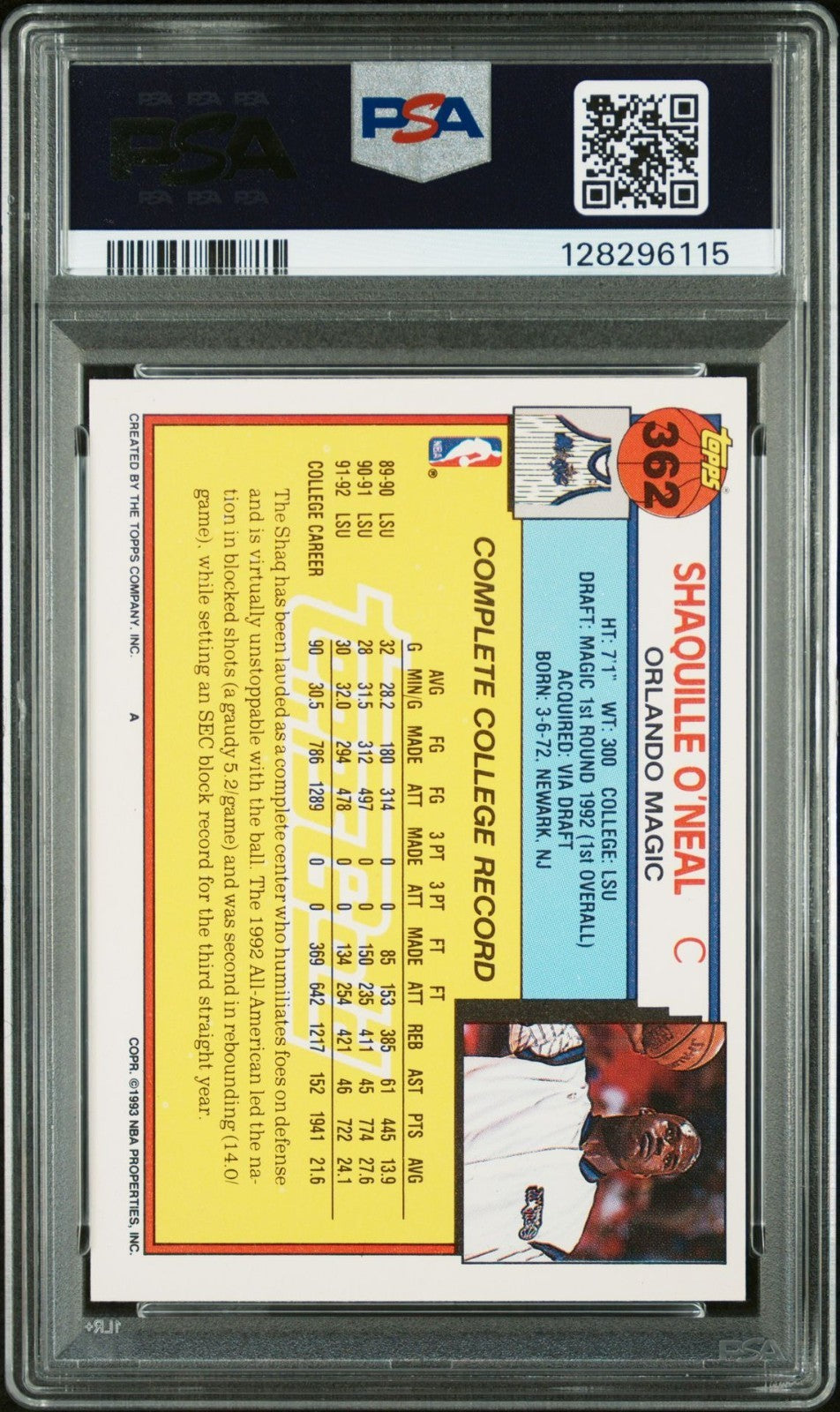 Shaquille O'Neal Signed 1992 Topps Gold Rookie Card RC #362 PSA GEM 10 AUTO