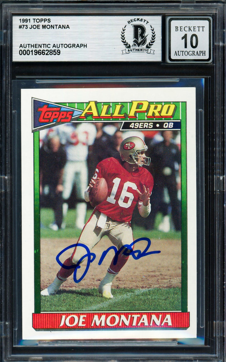 Joe Montana Signed 1991 Topps Card 73 San Francisco 49ers Auto GM 10 Beckett