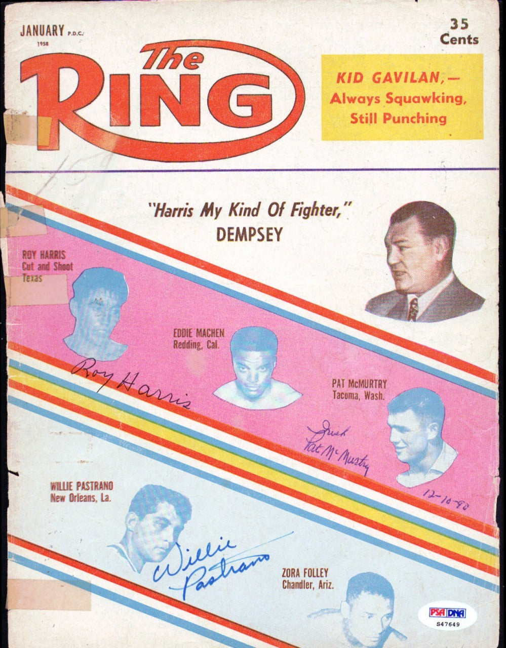 Pat McMurtry, Roy Harris & Willie Pastrano Auto The Ring Magazine Cover PSA/DNA