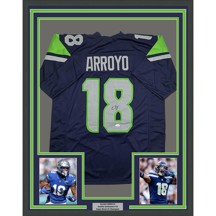 Framed Autographed Elijah Arroyo 35x39 Seattle Navy Blue Football Jersey JSA COA