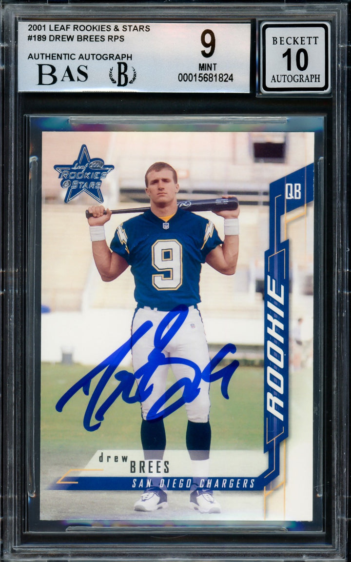 Drew Brees Signed 2001 Leaf Rookies & Stars RC 189 Chargers BGS 9 Sig 10 Beckett