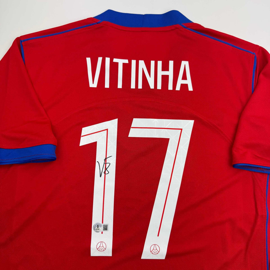 Autographed/Signed Vitinha PSG Paris Saint Germain Red Jersey Beckett BAS COA