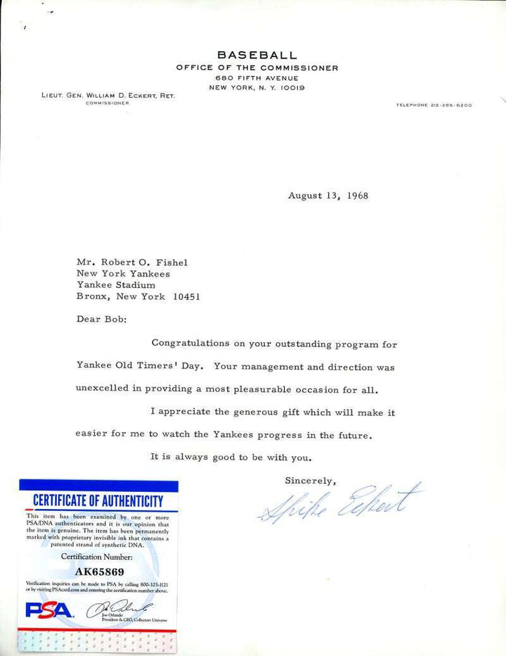 William Eckert PSA DNA Signed 1968 Typed Letter New York Yankees Autograph