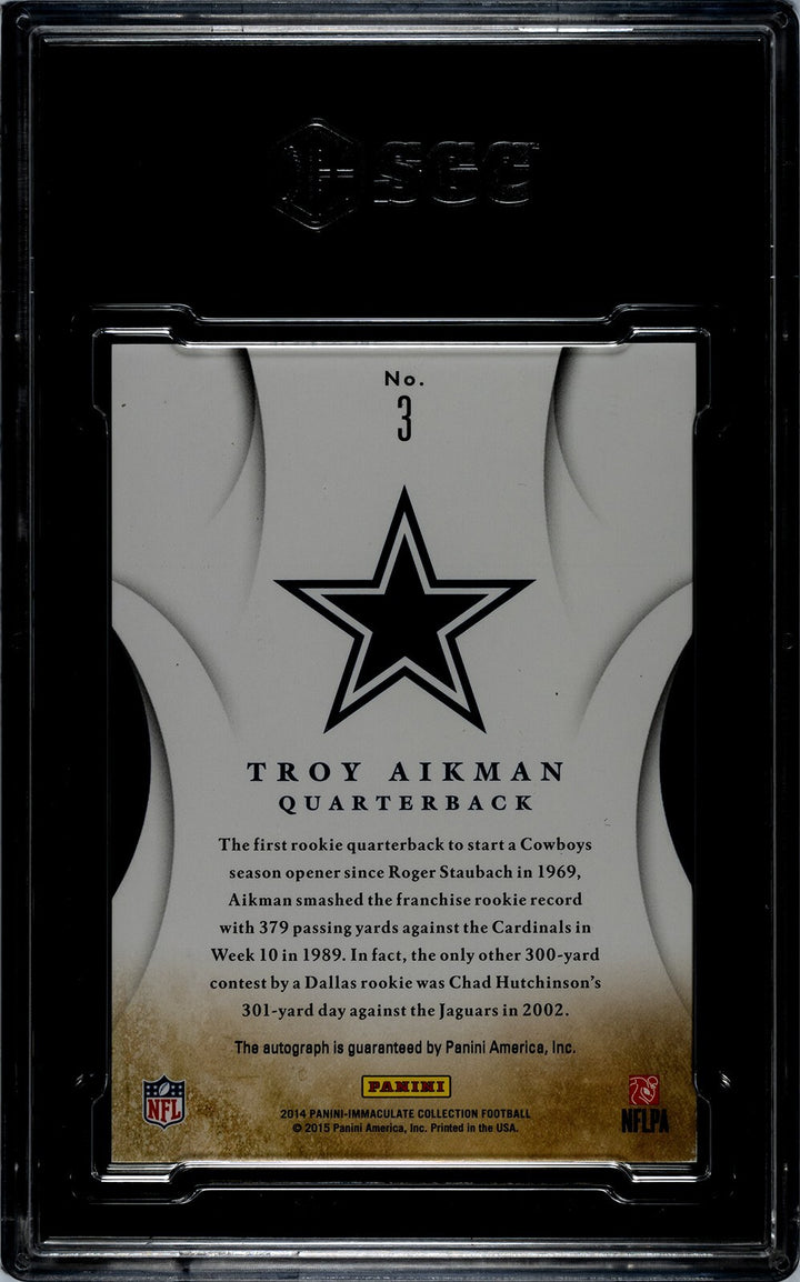 Troy Aikman signed 2014 Panini Immaculate On Card Auto-SGC Graded 8 NM-MT/10 A