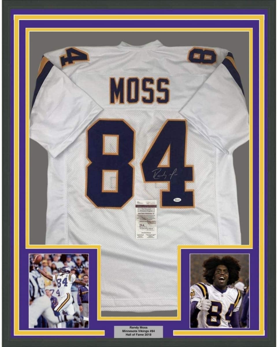 Framed Autographed/Signed Randy Moss 35x39 Minnesota White Jersey JSA COA