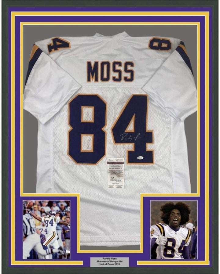 Framed Autographed/Signed Randy Moss 35x39 Minnesota White Jersey JSA COA