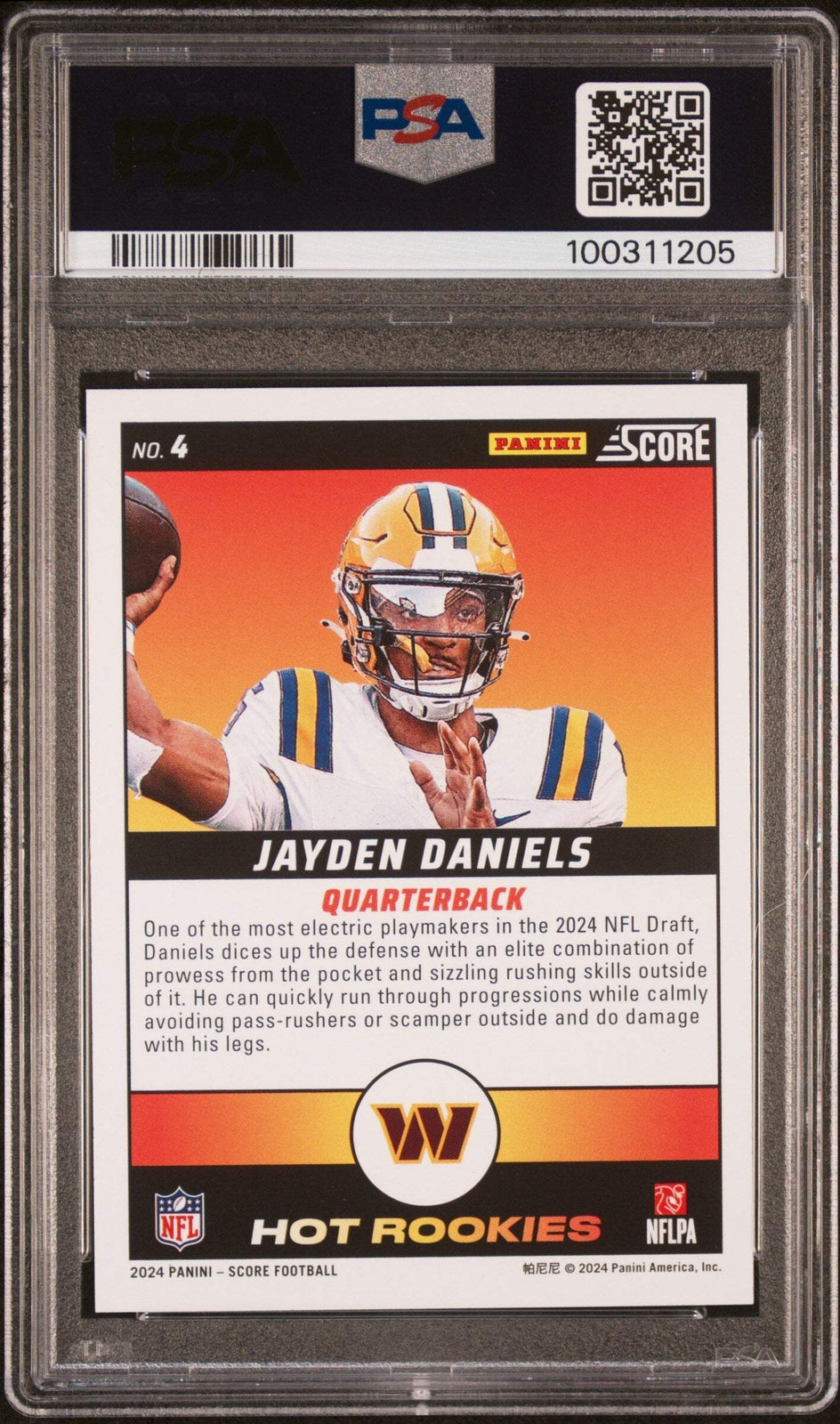 Graded 2024 Panini Score Jayden Daniels #4 Hot Rookies RC Football Card PSA 10