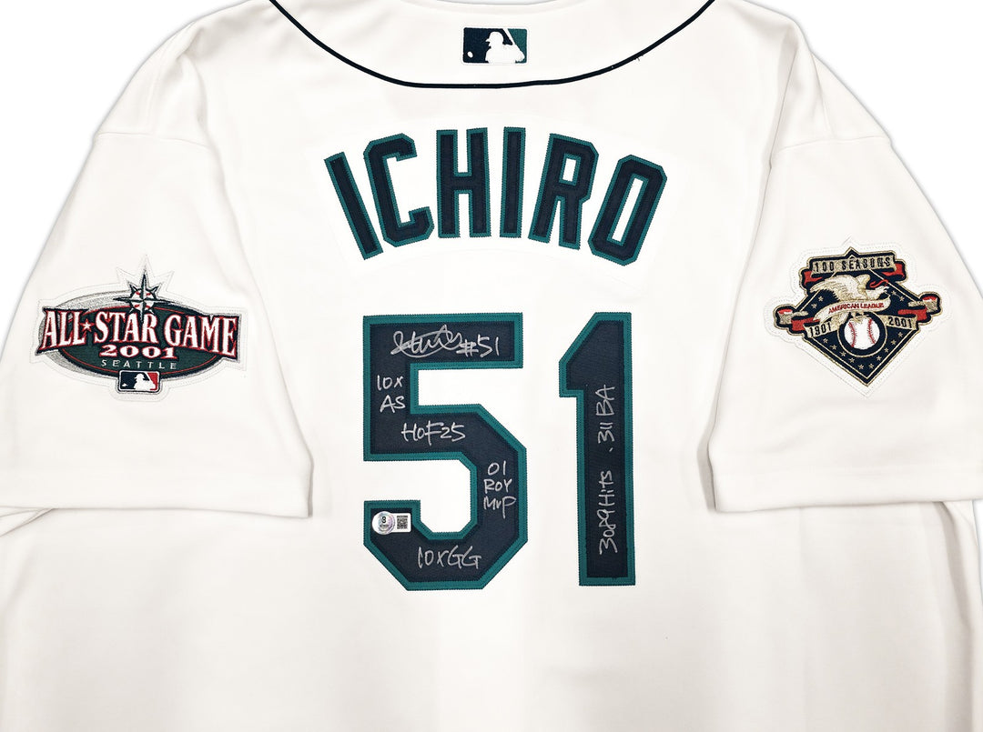 Mariners Ichiro Suzuki Auto White M&N Cooperstown 2001 Rookie Jersey 52 7 Stats