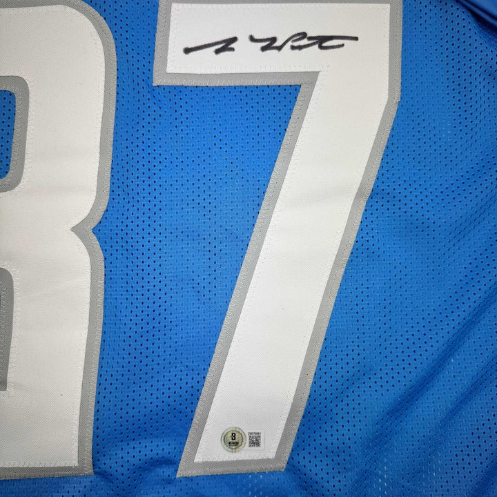 Autographed/Signed Sam LaPorta Detroit Blue Football Jersey Beckett BAS COA