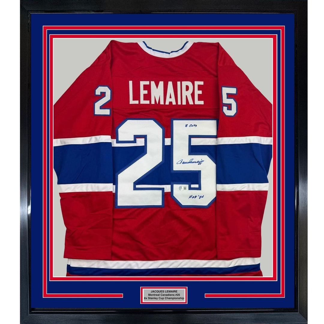 Framed Autographed/Signed Jacques Lemaire 35x39 Montreal Red Jersey BAS COA