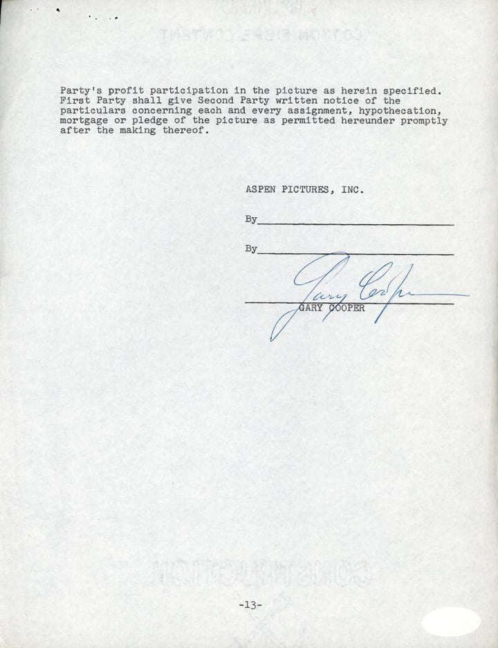 Gary Cooper JSA Coa Signed Aspen Pictures Contract Autograph