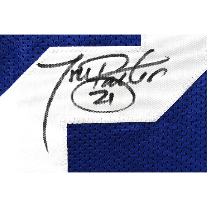 Tiki Barber Autographed/Signed Pro Style Blue XL Jersey Beckett Witness 51843