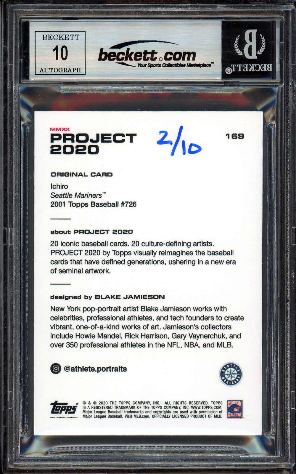 Ichiro Suzuki Auto Topps Project 2020 Blake Jamieson Card 169 Sig 10 /10 Beckett