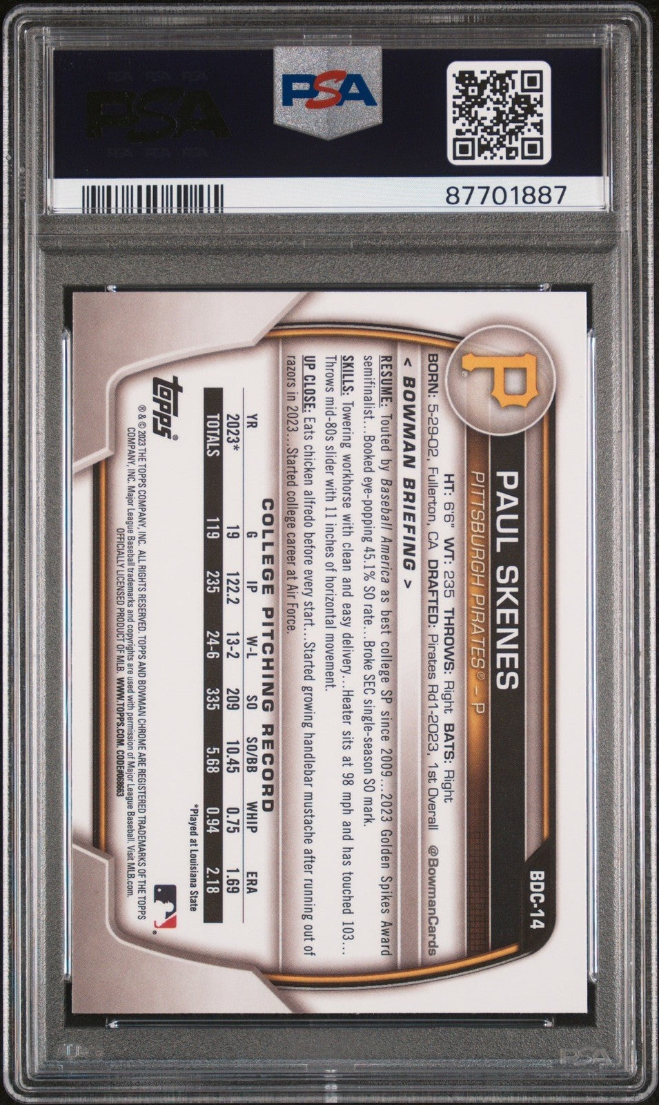 Graded 2023 Topps Bowman Draft Paul Skenes #BDC14 Chrome RC Card PSA 10
