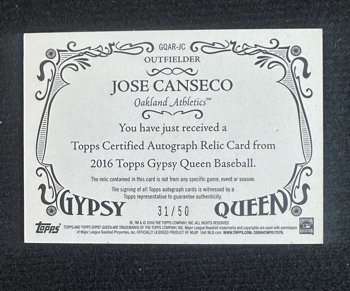 Jose Canseco 2016 Topps Gypsy Queen On Card Mint Auto Jersey Relic /50 A’s