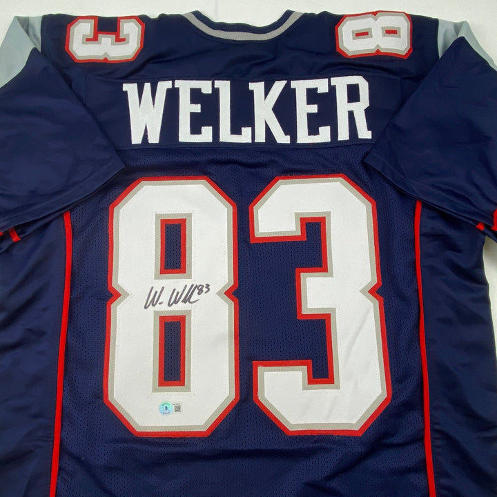 Autographed/Signed Wes Welker New England Blue Jersey Beckett BAS COA