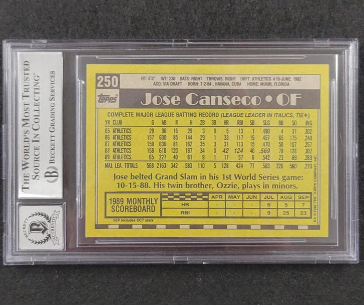 Jose Canseco signed 1990 Topps #250 card autograph 594 ~ Beckett BAS 10 auto