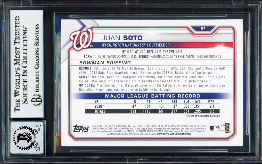 Juan Soto Signed 2021 Bowman Card 67 New York Mets Auto GM 10 Beckett
