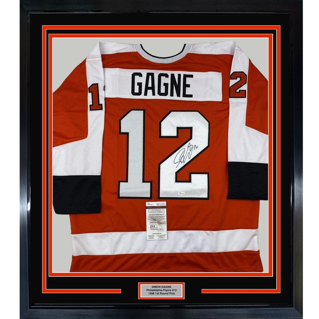 FRAMED Signed SIMON GAGNE 35x39 Philly Orange Jersey JSA COA Auto