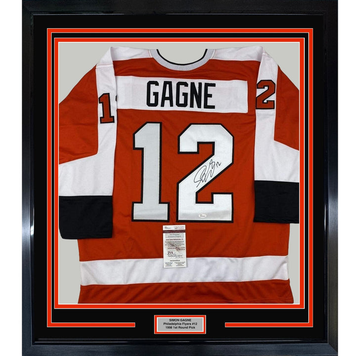 FRAMED Signed SIMON GAGNE 35x39 Philly Orange Jersey JSA COA Auto