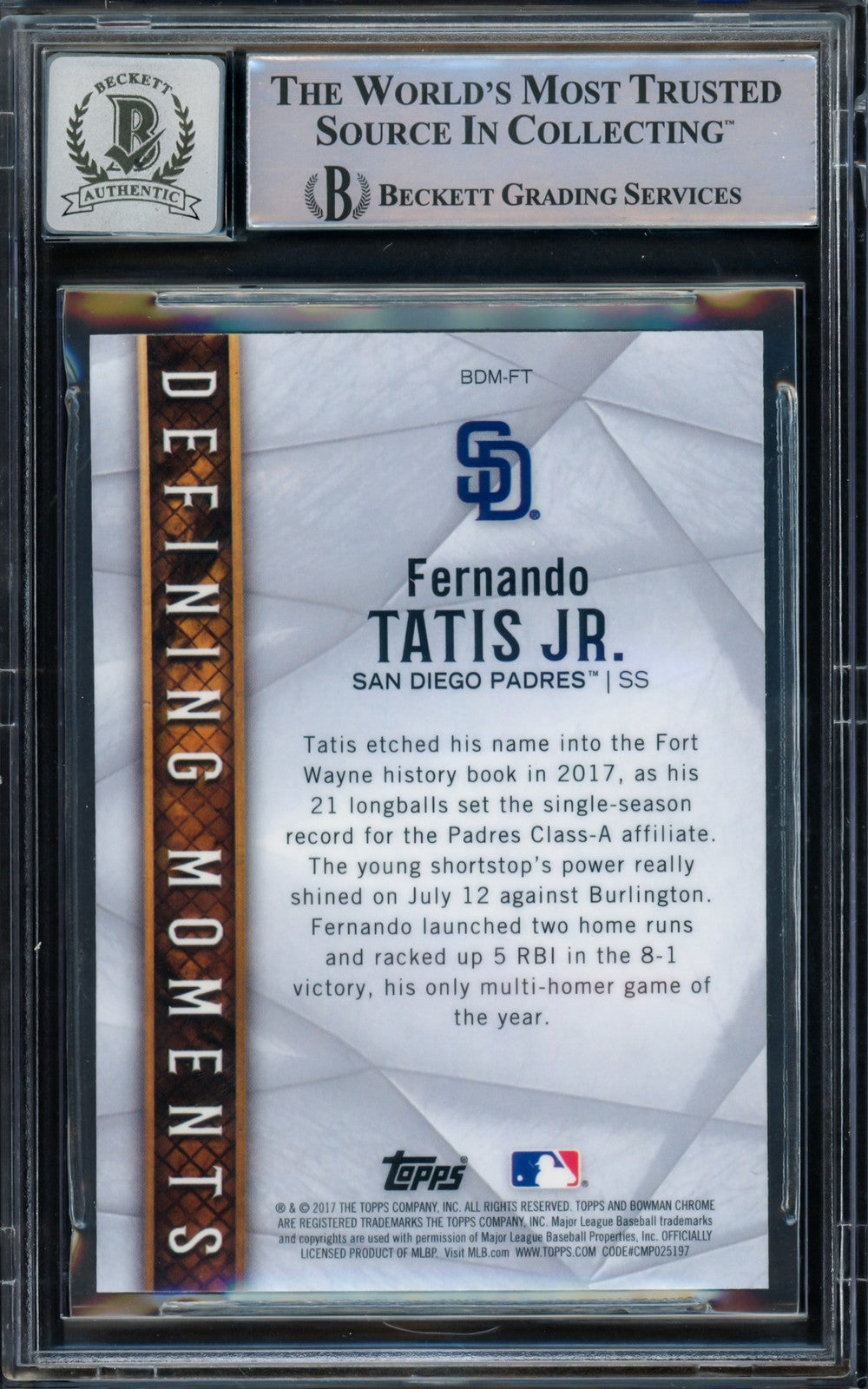Fernando Tatis Jr Auto 2017 Bowman Chrome Draft Defining Moments RC BDMFT Sig 10