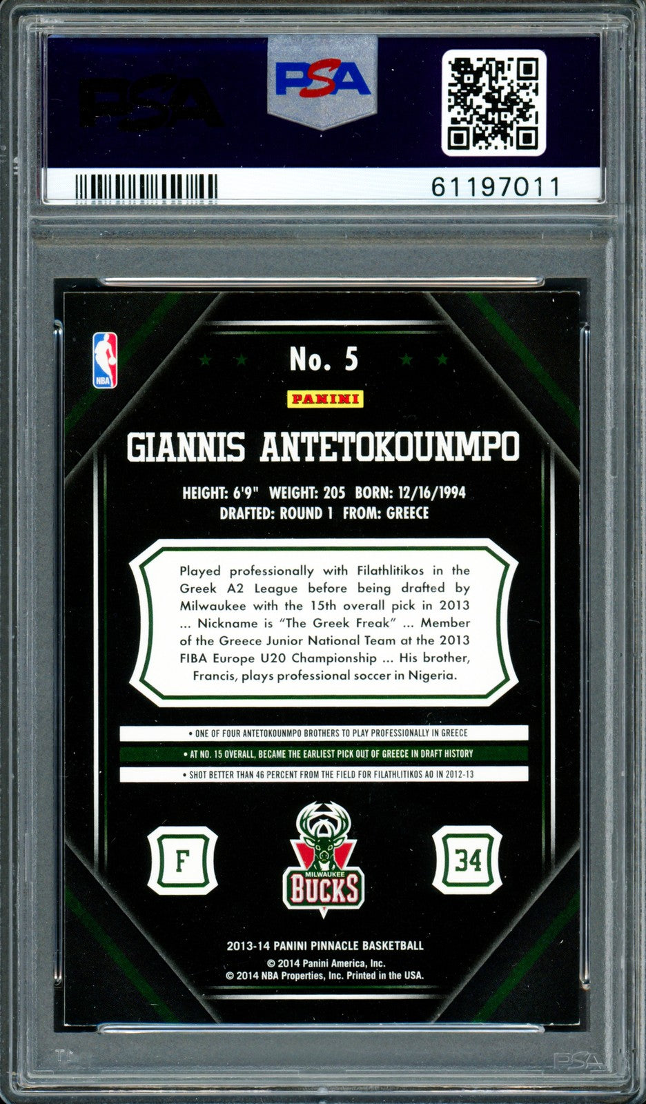 Giannis Antetokounmpo Signed 2013 Panini Pinnacle RC #5 Bucks Auto GM 10 PSA/DNA