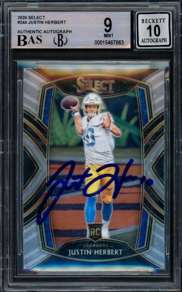 Justin Herbert Signed 2020 Select RC 244 Chargers BGS 9 Auto GM 10 Beckett