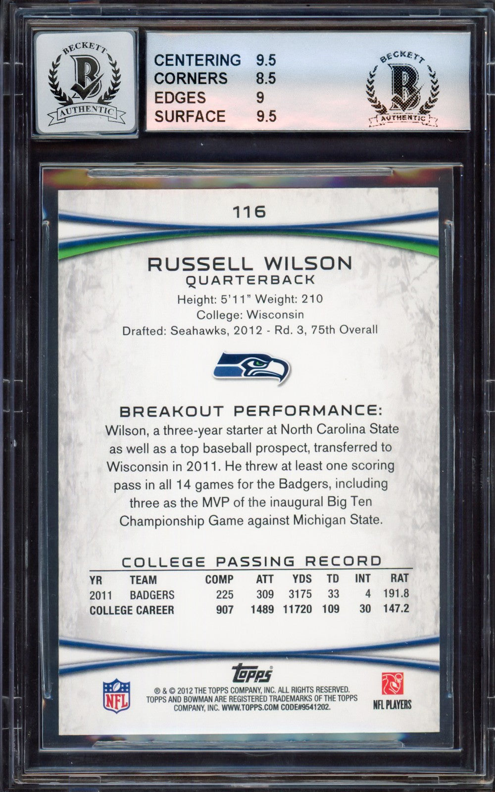 Russell Wilson Auto Signed 2012 Bowman RC 116A Seahawks BGS 9 Auto GM 10 Beckett