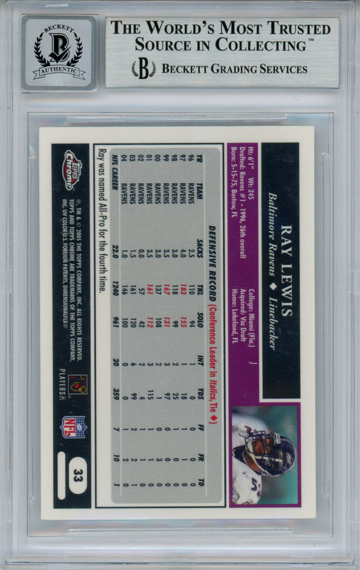 Ray Lewis Autographed 2005 Topps Chrome #33 Trading Card Beckett 10 Slab 35231