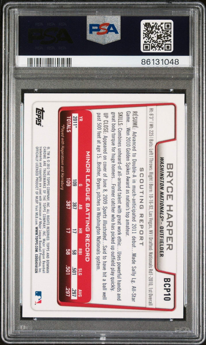 Graded 2012 Bowman Prospects Bryce Harper #BCP10 Chrome RC Baseball Card PSA 10
