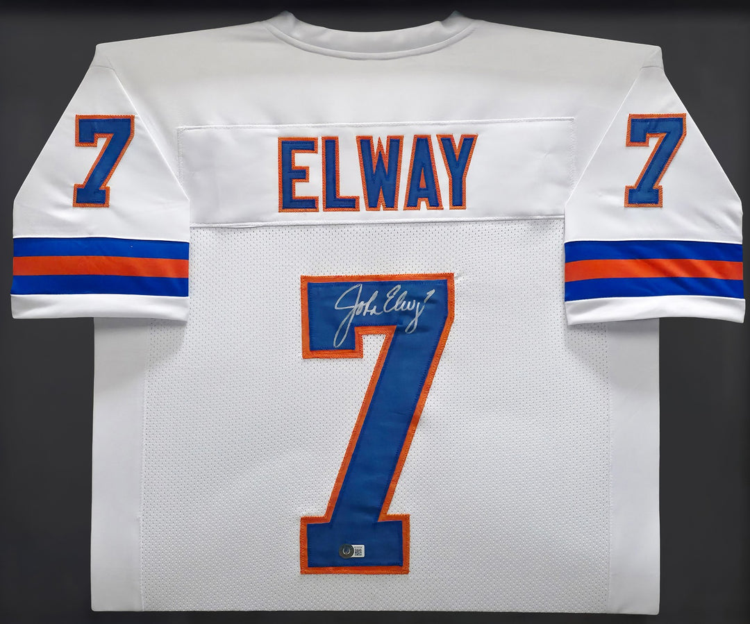 Denver Broncos John Elway Signed Framed White Jersey Beckett BAS Witness
