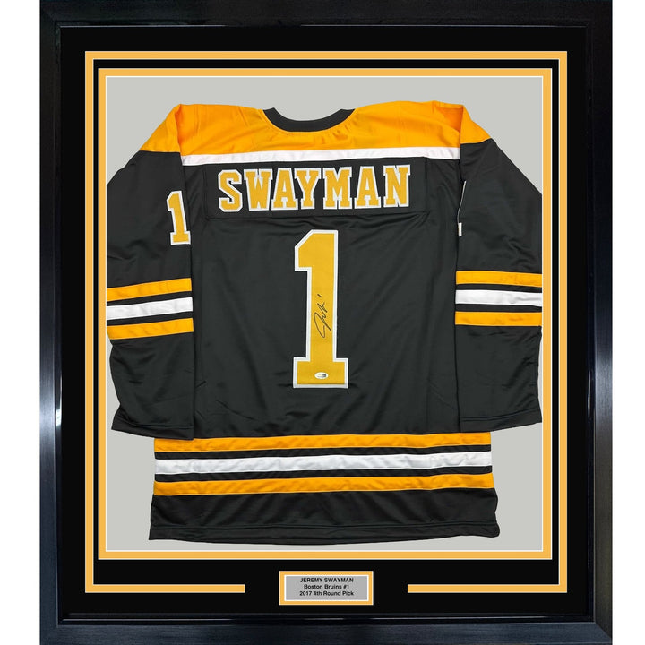 Framed Autographed/Signed Jeremy Swayman 35x39 Boston Black Jersey JSA COA