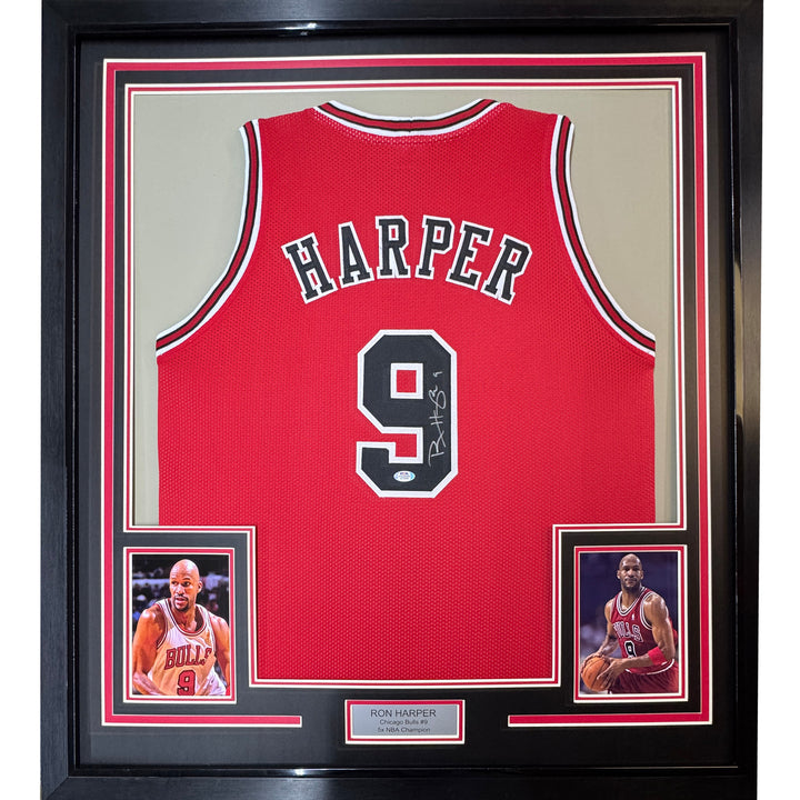 Framed Autographed/Signed Ron Harper 33x42 Chicago Red Jersey PSA/DNA COA