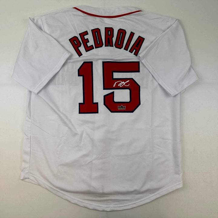 Facsimile Autographed Dustin Pedroia Boston White Reprint Jersey Size Men's XL