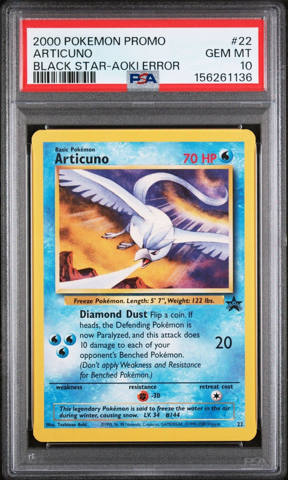 Graded 2000 Pokemon Black Star Promo Aoki Error Articuno #22 Card PSA 10