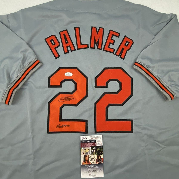 Autographed/Signed Jim Palmer HOF 1990 Baltimore Grey Jersey JSA COA